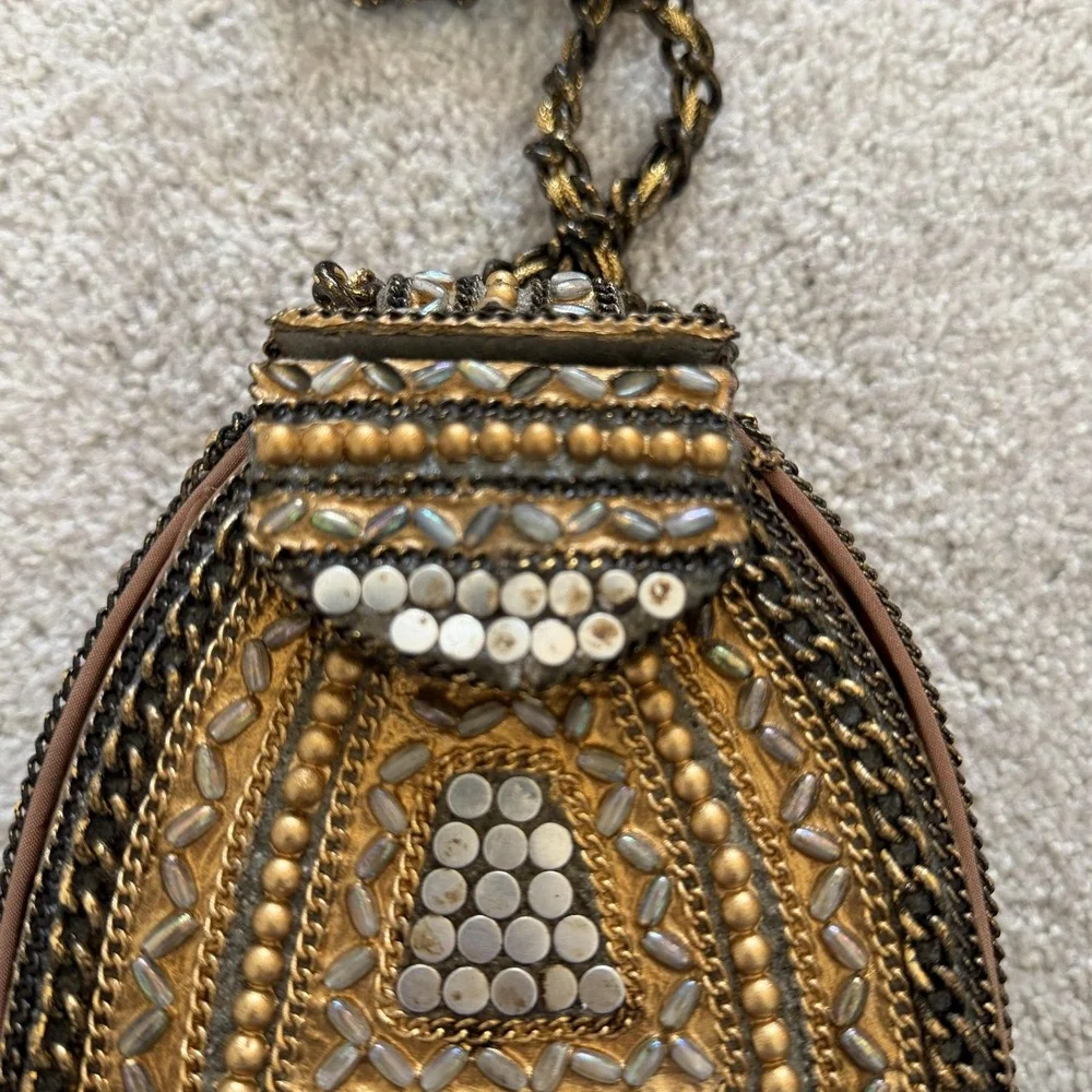 Mary Frances Beaded Mini Crossbody Bag Wearable Art Deco Gold Metal Suede Purse